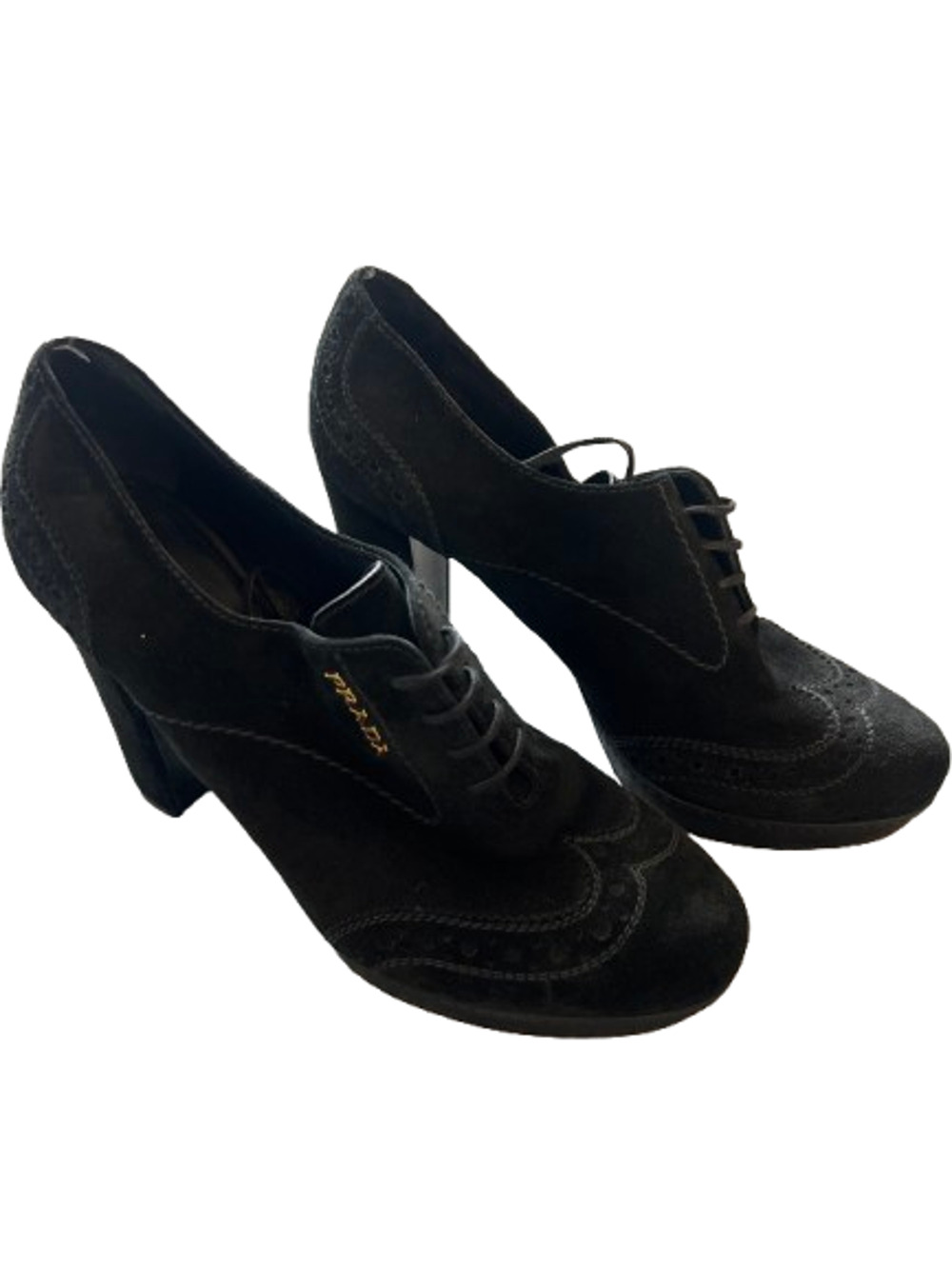 Prada Black Suede Wingtip Lace-Up Platform Oxford Heels Ankle Booties Size 37.5